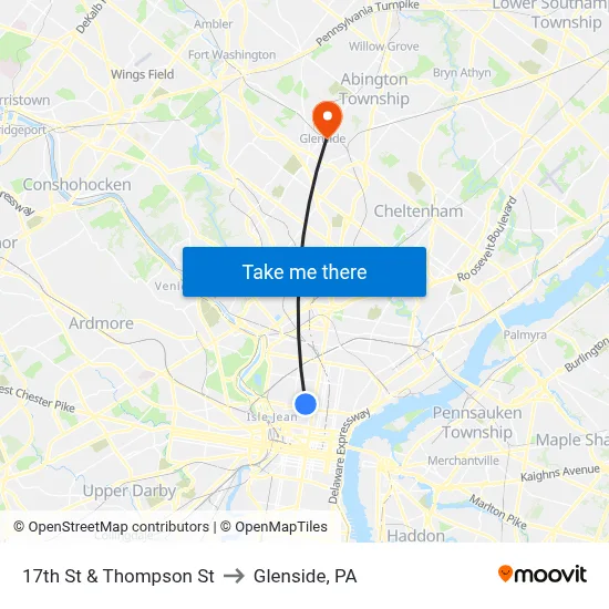 17th St & Thompson St to Glenside, PA map