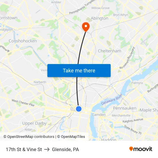 17th St & Vine St to Glenside, PA map