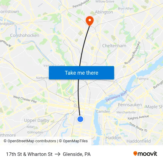 17th St & Wharton St to Glenside, PA map