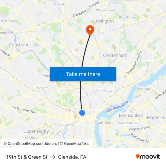 19th St & Green St to Glenside, PA map