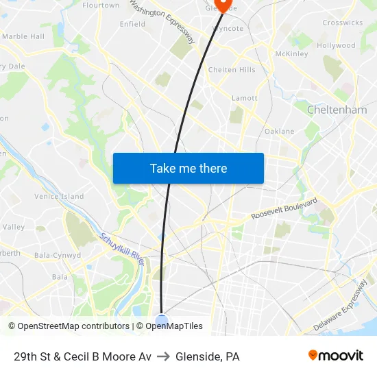 29th St & Cecil B Moore Av to Glenside, PA map