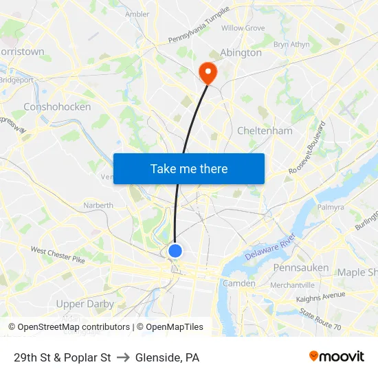 29th St & Poplar St to Glenside, PA map