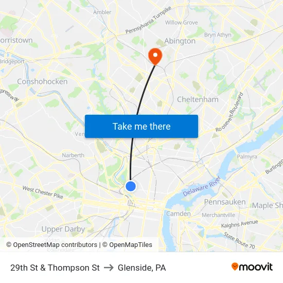 29th St & Thompson St to Glenside, PA map