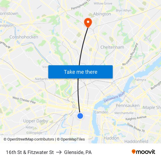 16th St & Fitzwater St to Glenside, PA map
