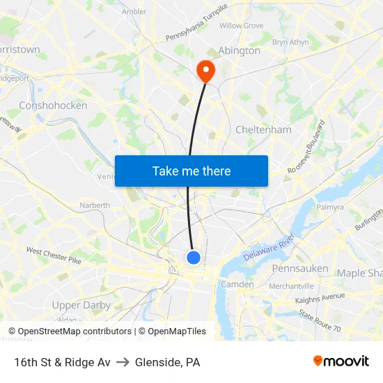 16th St & Ridge Av to Glenside, PA map