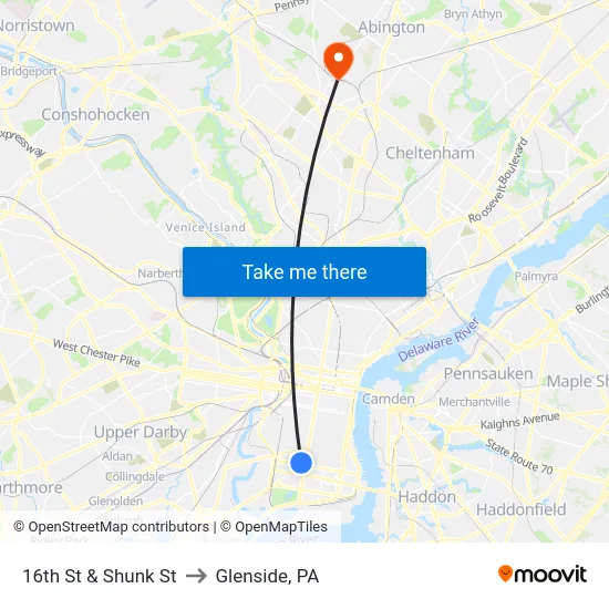 16th St & Shunk St to Glenside, PA map