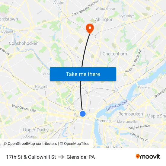 17th St & Callowhill St to Glenside, PA map