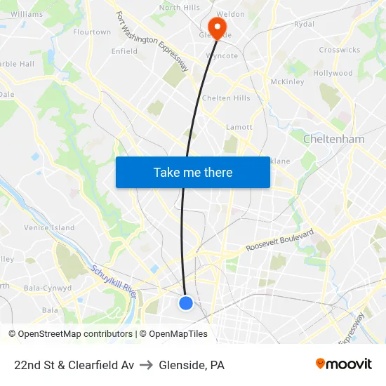 22nd St & Clearfield Av to Glenside, PA map