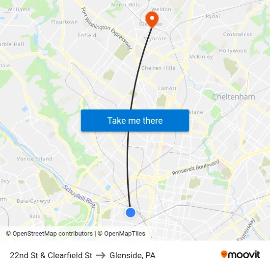 22nd St & Clearfield St to Glenside, PA map