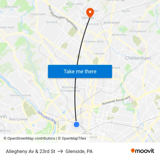 Allegheny Av & 23rd St to Glenside, PA map