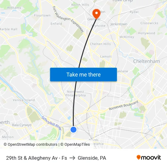 29th St & Allegheny Av - Fs to Glenside, PA map