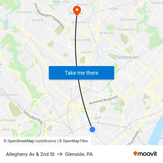 Allegheny Av & 2nd St to Glenside, PA map