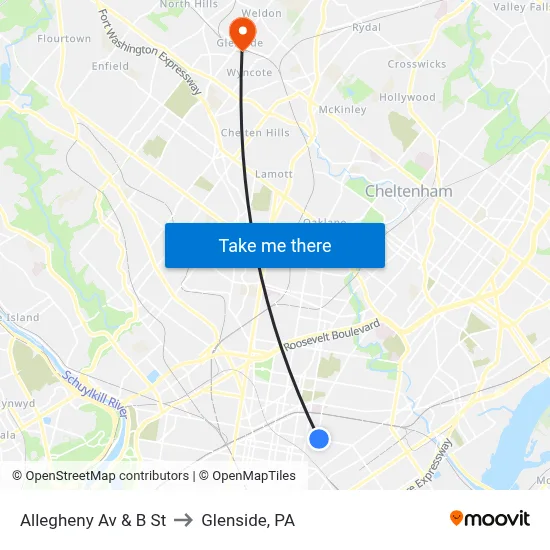 Allegheny Av & B St to Glenside, PA map