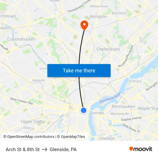 Arch St & 8th St to Glenside, PA map