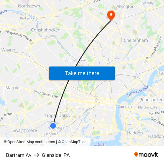 Bartram Av to Glenside, PA map