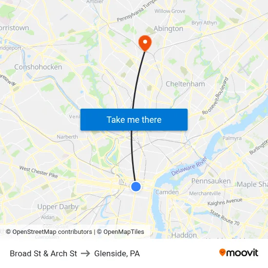 Broad St & Arch St to Glenside, PA map