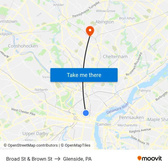Broad St & Brown St to Glenside, PA map