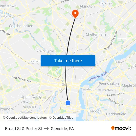 Broad St & Porter St to Glenside, PA map