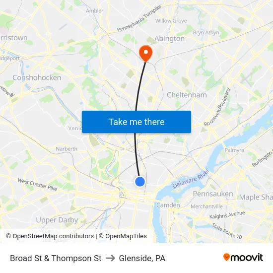 Broad St & Thompson St to Glenside, PA map