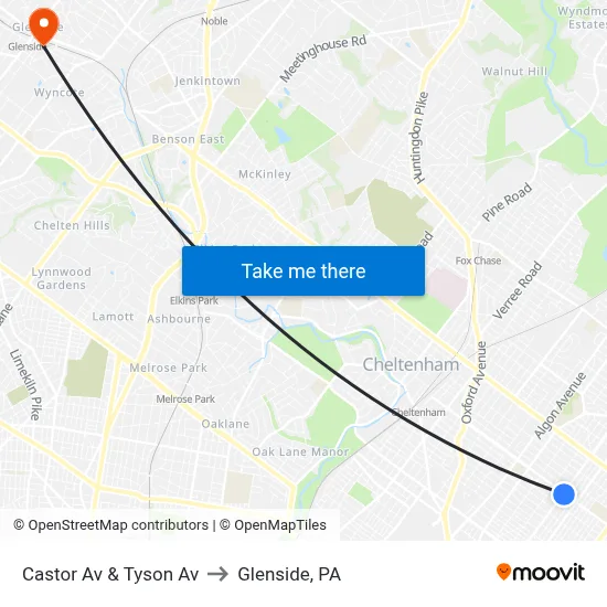 Castor Av & Tyson Av to Glenside, PA map