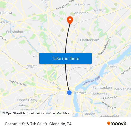 Chestnut St & 7th St to Glenside, PA map