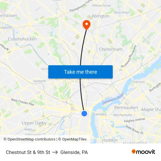 Chestnut St & 9th St to Glenside, PA map