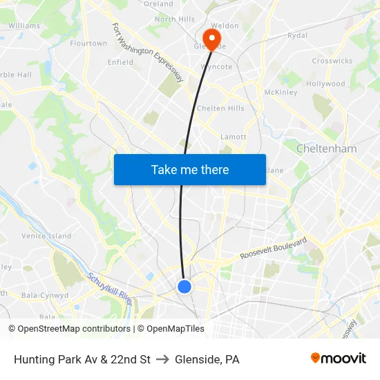 Hunting Park Av & 22nd St to Glenside, PA map