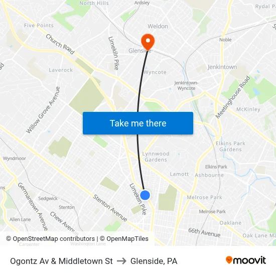 Ogontz Av & Middletown St to Glenside, PA map