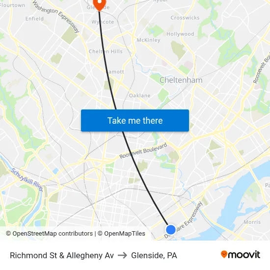 Richmond St & Allegheny Av to Glenside, PA map