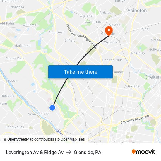 Leverington Av & Ridge Av to Glenside, PA map