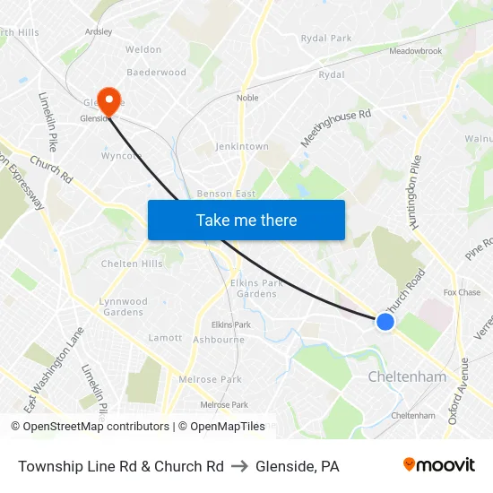 Township Line Rd & Church Rd to Glenside, PA map