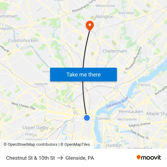 Chestnut St & 10th St to Glenside, PA map