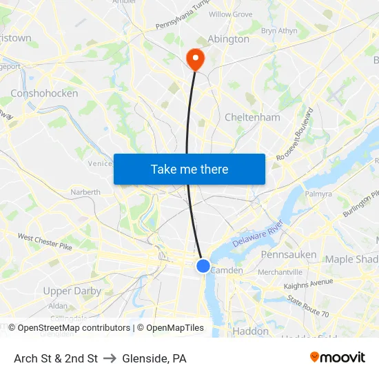 Arch St & 2nd St to Glenside, PA map