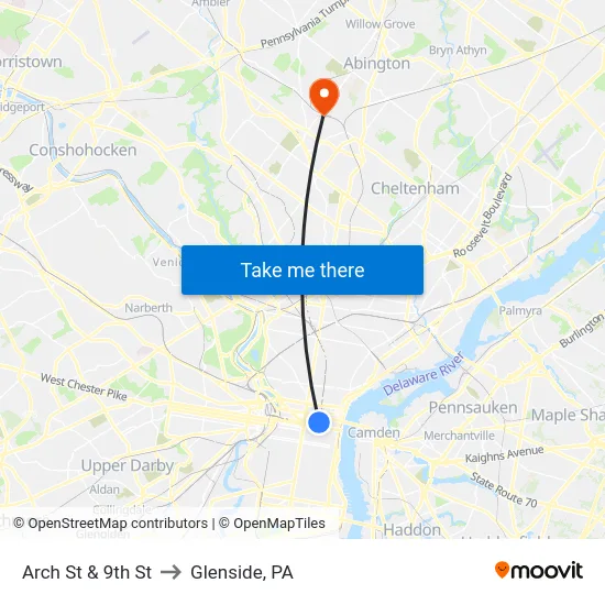 Arch St & 9th St to Glenside, PA map