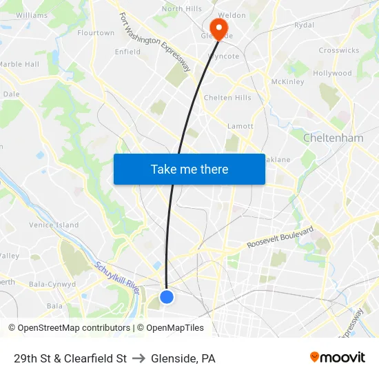 29th St & Clearfield St to Glenside, PA map