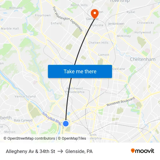 Allegheny Av & 34th St to Glenside, PA map