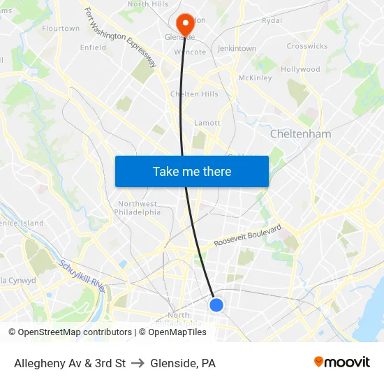 Allegheny Av & 3rd St to Glenside, PA map