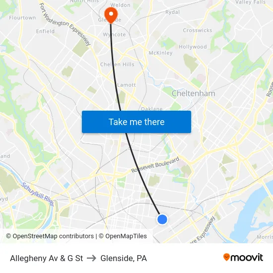 Allegheny Av & G St to Glenside, PA map