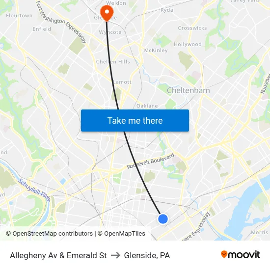 Allegheny Av & Emerald St to Glenside, PA map