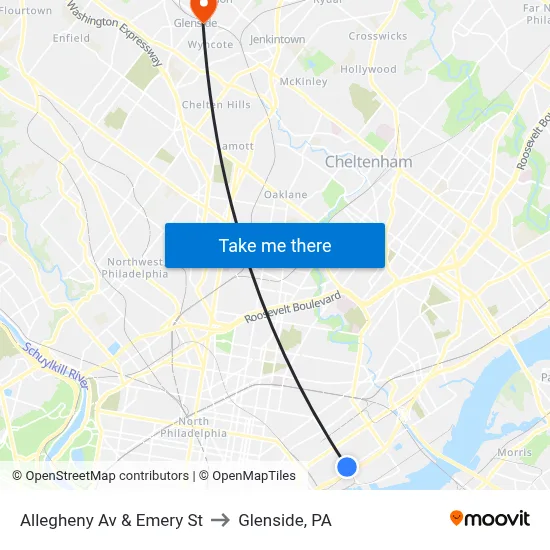 Allegheny Av & Emery St to Glenside, PA map