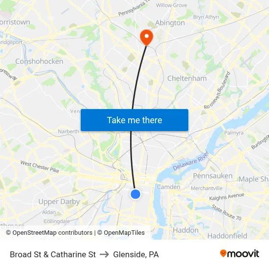 Broad St & Catharine St to Glenside, PA map