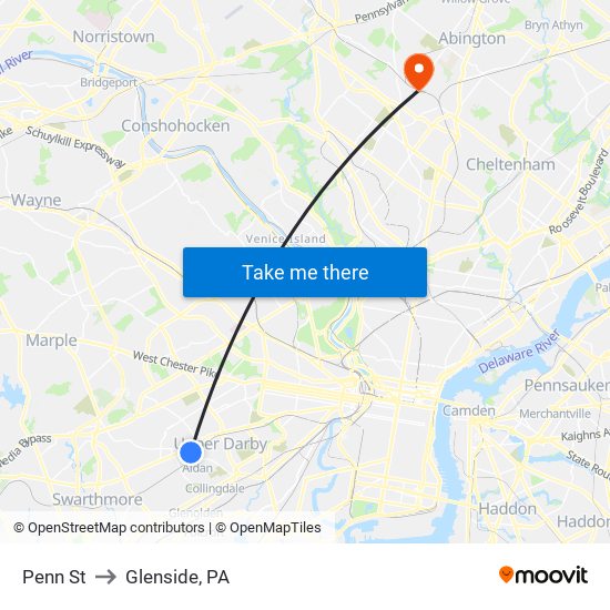 Penn St to Glenside, PA map