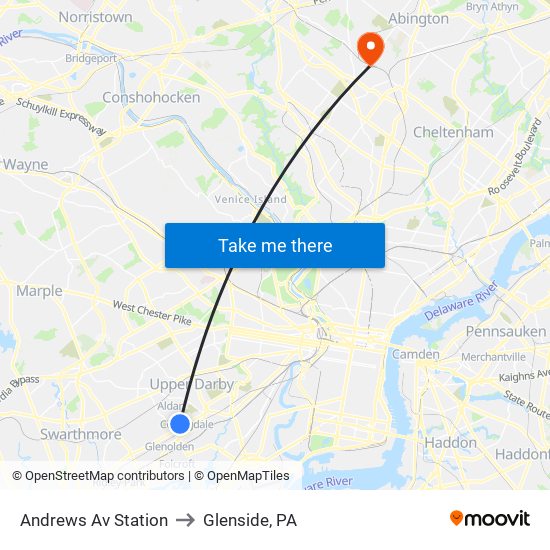 Andrews Av Station to Glenside, PA map