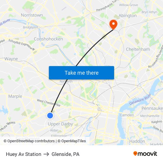 Huey Av Station to Glenside, PA map