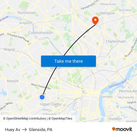 Huey Av to Glenside, PA map