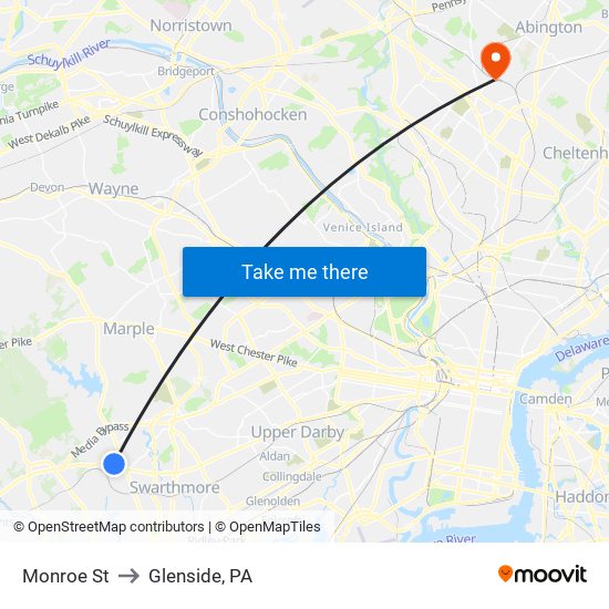 Monroe St to Glenside, PA map