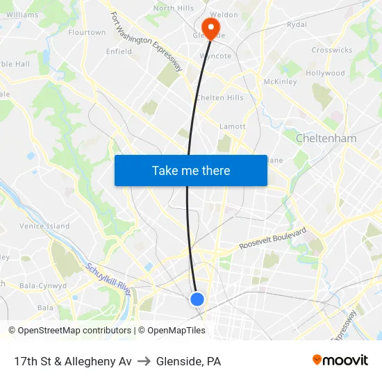 17th St & Allegheny Av to Glenside, PA map