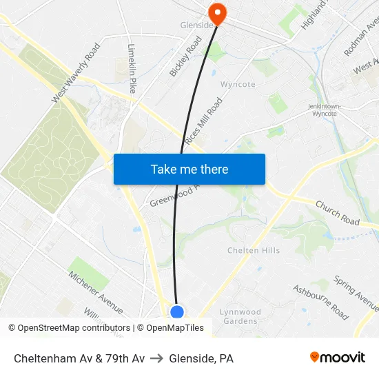 Cheltenham Av & 79th Av to Glenside, PA map