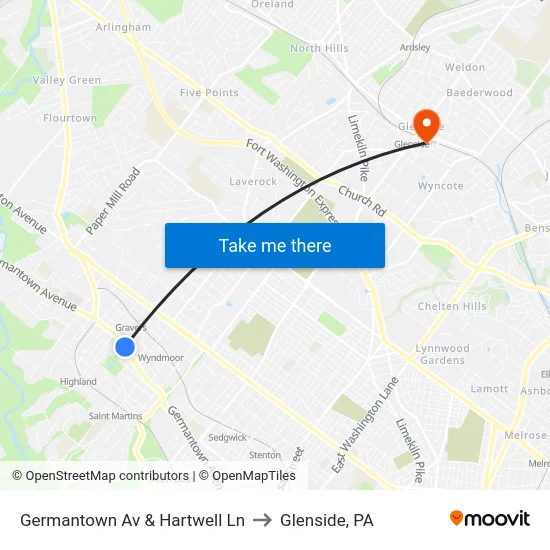 Germantown Av & Hartwell Ln to Glenside, PA map