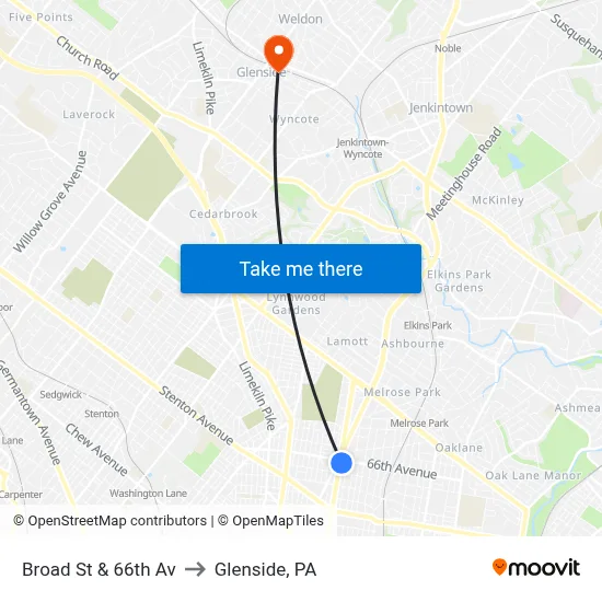 Broad St & 66th Av to Glenside, PA map